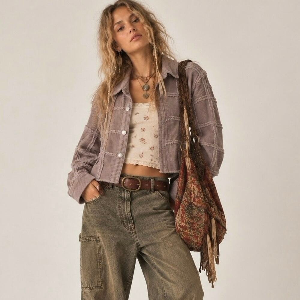 Stoosh Mauve Raw Patchwork Cotton Cropped Jacket M Boho Minimalist Casual Layer